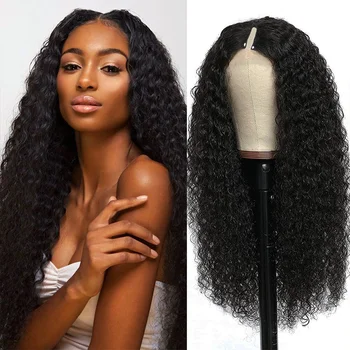 Uzun Kıvırcık V Kısmı İnsan Saç Peruk Siyah Kadınlar için saç 180 % Brezilyalı Saç Dantel Ön Peruk Derin Kıvırcık Saç Doğal Renk Peruk