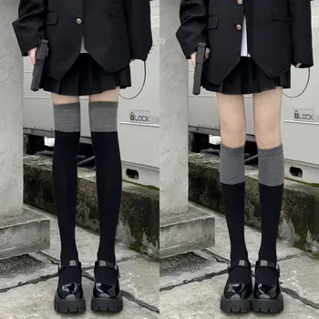 Siyah Gri Uzun Çorap Kadın Çorap Renk Eşleştirme Sonbahar Kış Pamuk diz üstü çorap JK Japon Tarzı Uyluk Yüksek Çorap