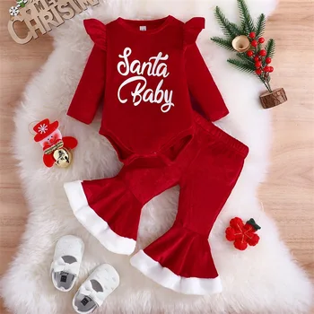 2023 Yeni Noel Bebek Romper Tırmanma Takım Seti Kızlar ve Bebekler için Bodysuit + Çan Pantolon 2 Parça Set