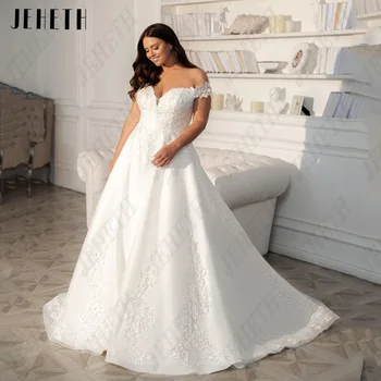 JEHETH Zarif düğün elbisesi Kapalı Omuz V Yaka Fermuar Geri Gelin Törenlerinde Aplike A-Line Artı Boyutu Tül vestidos de novia