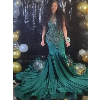 Yeşil Abiye Lüks Mermaid Boncuk Dantel O-Boyun Kolsuz Kadınlar Dubai Örgün Balo Parti Törenlerinde