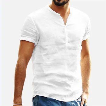 Yeni erkek Casual Bluz Pamuk Keten Gömlek Gevşek Üstleri Şort Kollu Tee Gömlek İlkbahar Yaz Rahat Yakışıklı erkek Gömlek