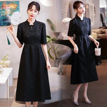 Yaz Yeni Çin Geleneksel Retro Toka Cheongsam Ince Bel Kısa Kollu Elbise Chinoise Qipao Elbise