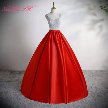AnXin SH prenses gümüş sparkly sevgiliye kırmızı leke kolsuz balo parti gelin dantel up konak basit akşam elbise