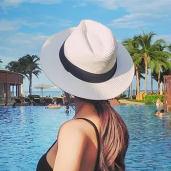 Yaz Plaj Tatil Panama Caz Şapka Güneş Koruyucu El Dokuma Hasır güneş şapkası Erkekler Kadınlar Hawaii Rahat Güneşlik Gangster Kap Kova Şapka