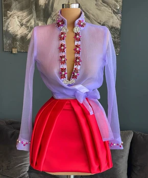 Kırmızı Mor Kokteyl Elbiseleri Kılıf V Yaka Uzun Kollu Kısa Mini Boncuklu Kristaller Mezuniyet Elbiseleri Haute Couture