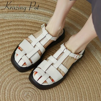 Krazing Pot 2023 Yeni Hakiki Deri Yuvarlak Ayak Kalın Alt Klasik Renkler Genç Bayan Günlük Giyim Rahat Kadın Sandalet L8f3