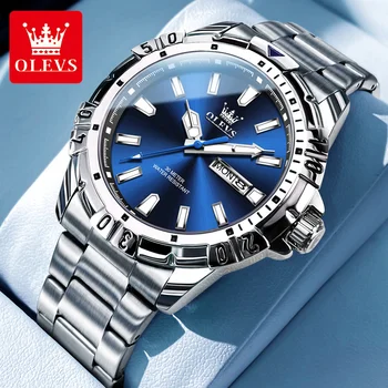 OLEVS Marka 2023 yeni moda mavi quartz saat Erkekler için paslanmaz çelik su geçirmez ışık arama erkek saatler Relogio Masculino