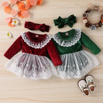 Bebek Kız Noel Giysileri Uzun Kollu Kırmızı Kadife Romper Elbise Kafa Bandı Yenidoğan Noel Kostüm Yeni Yıl Bebek Giysileri