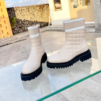 Yeni Kış Ayakkabı Kadın Hakiki Deri Yuvarlak Ayak Bayanlar Orta Buzağı Çizmeler Düz Platform Tasarımcı yarım çizmeler Zapatillas Mujer
