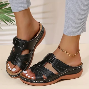Yaz Kadın Kama Sandalet Premium Ortopedik Burnu açık Sandalet Vintage Kaymaz Pu Deri Rahat Kadın platform ayakkabılar