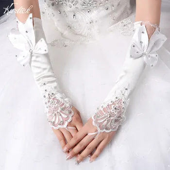 Zarif Gelin Eldiven ile Yay Boncuk Beyaz / Fildişi Moda Düğün Aksesuarları Marka Yeni Parmaksız Düğün Eldiven