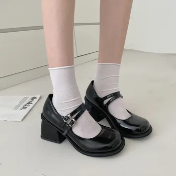 2023 Yeni kadın Yaz Siyah Fransız Tarzı Retro Yüksek Topuklu Kalın Topuklu Sığ Ağız Mary Jane Tek ayakkabı