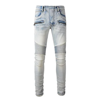 Kaya punk tarzı tasarım erkek Biker Kot Motosiklet için Klasik Açık Mavi Streç Denim dar pantolon Patchwork Pantolon kot