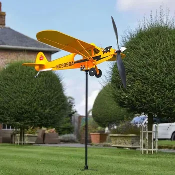 3D Piper J3 Yavru Rüzgar Spinner Uçak Metal Uçak rüzgar gülü Açık Çatı Rüzgar Yönü Göstergesi WeatherVane Bahçe Dekor