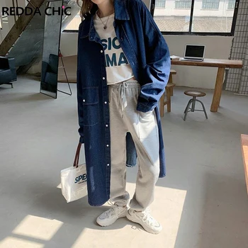 REDDACHıC Sonbahar Uzun Kollu Kadın Denim Ceket Kaban Vintage Yıkama Yaka Bluz Hırka Büyük Cepler Boyfriend Boy Dış Giyim
