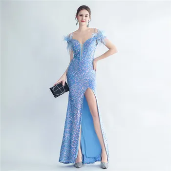 Balo kıyafetleri Kadınlar için Gala 2023 Kapalı Omuz Gök Mavisi Seksi Kemik Yarık Lüks Pullu Backless Elbise Dökün Cérémonie De Mariage