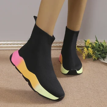 Moda kadın Örme Çorap Ayakkabı Streç Kumaş Rahat Slip-On Yüksek Top Spor Ayakkabı Büyük Boy Örgü Nefes Koşu Spor Ayakkabı