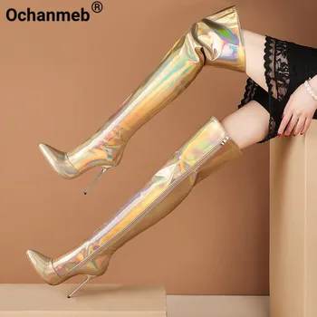 Ochanmeb Kadınlar Altın Patent Deri Çizmeler Gümüş Stiletto Yüksek Topuklu Pembe Over-the-Diz Çizmeler Parlak Mor Fermuar Bayan Kırmızı Ayakkabılar