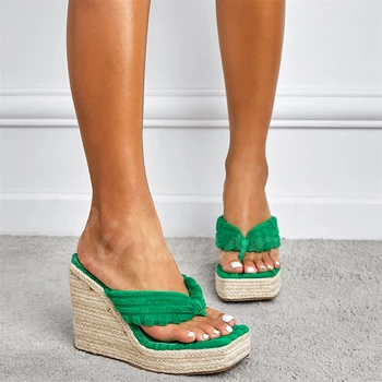 Flip Flop Espadrilles Kare Ayak Platformu Kama Sandalet Bej Yeşil Havlu Kumaş Moda Stil Sandalet Yaz Ayakkabı Üzerinde Kayma Yeni
