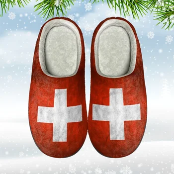 INSTANTARTS 2023 Kış ev terliği Erkekler Kapalı Ayakkabı İsviçre Bayrağı sneaker Ev İçin Pamuk Terlik Yumuşak Sıcak Loafer'lar