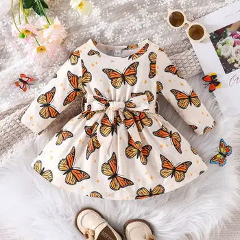 Basit Küçük Kız Uzun Kollu A-line Etek İlkbahar ve Sonbahar Bebek Kelebek Baskı Elbise Bebek Kız Elbise 13 - 24m Bebek Kız Giysileri