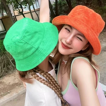 2023 Bahar Yeni Havlu Kova Şapka Kadınlar Casual Seyahat Şeker Renkler Bob Panama Balıkçı Şapka Geniş Ağız Plaj Güneş balıkçı şapkası