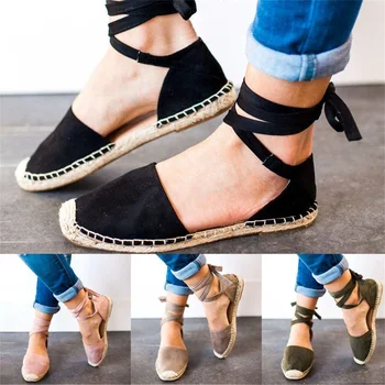 Artı Boyutu 43 Ayakkabı Kadın Ayak Bileği Kayışı Espadrilles Roma Sandalet Düz Kenevir Halat Bayan Ayakkabıları Konfor Yaz Kadın Sandalet 2023