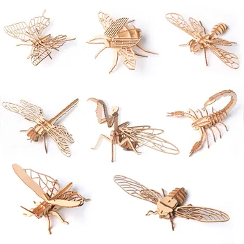Böcek Hayvan Ahşap Üç Boyutlu Bulmaca çocuk DIY Ahşap Oyma Modeli Manuel Ev Dekorasyonu 3D Böcek Modeli