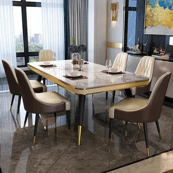 Mermer yemek masası ve sandalyeler kombinasyonu ışık lüks basit modern küçük dikdörtgen ev yemek masası