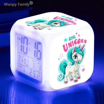 Süper sevimli karikatür Unicorn LED dijital alarmlı saat saat çocuk oyuncakları hediyeler öğrenci odası taşınabilir masa saati termometre ile ruh ışık