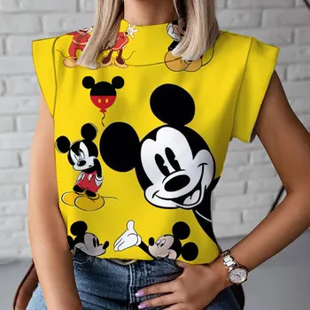 Minnie Kolsuz Tişört Kadın Yaz Öğrenci Karikatür Mickey Baskı T-shirt Kesim Kollu Üst Disney Gevşek Tüm Maç Yelek 2023