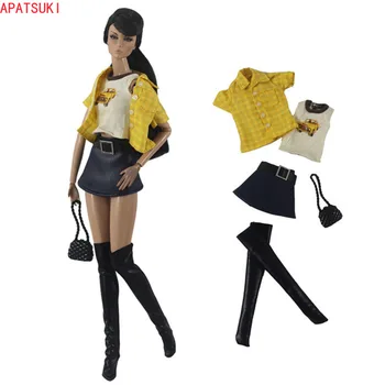 Sarı Moda Giyim Seti Barbie Kıyafetler Ekose Gömlek Yelek Deri Etekler Çorap Çanta 1/6 Bebek Aksesuarları Çocuk Oyuncakları