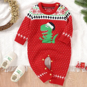 Noel Tulumlar Kıyafetler Kış Bebek Giysileri Kırmızı Dinozor Örgü Yenidoğan Erkek Kız Bir Adet Çocuk Giyim Noel Tulum