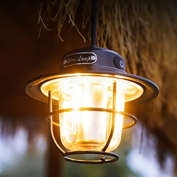 LED kamp lambası Retro asılı çadır lambası taşınabilir kademesiz karartma kamp ışık su geçirmez şarj edilebilir acil durum lambası fener