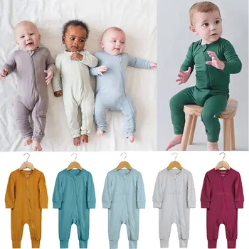 2023 Yenidoğan Bebek Bambu Elyaf Romper Katı Nefes Uzun Kollu Elbise 0-24M Erkek Kız Tulum Bebek Loungewear Pijama