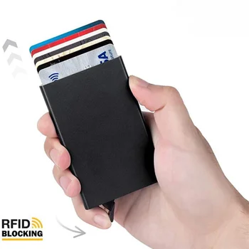 RFID Anti-hırsızlık Fırça erkek ve kadın Alüminyum Alaşımlı Anti manyetik Kredi Kartı Kutusu Akıllı Minimal ince Pop-up Metal kart çantası