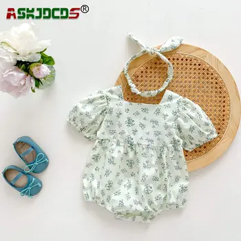 2023 Yeni Tulumlar Bodysuits Hediye Bantlar Yaz Yenidoğan Bebek Kız Kısa Kollu Çiçek Pamuk Dış giyim Çocuklar Bebek
