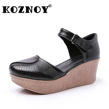 Koznoy 6.5 cm Doğal Koyun Derisi Hakiki Deri Yaz Sandalet İçi Boş Rahat Kadın Yüksek Topuklu Platform Kama Ayakkabı Bayanlar Toka