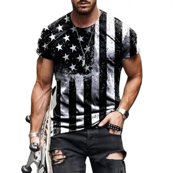 Erkek T-Shirt Amerikan Bayrağı 3D baskılı tişört Yıldız ve Çizgili Kısa Kollu Erkek Rahat Spor egzersiz kıyafeti Üst Yaz