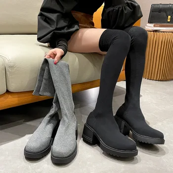 Ayakkabı Çizmeler Çorap Topuklu Kış Ayakkabı Lüks Tasarımcı Yuvarlak Ayak Çorap 2023 Med Moda Kauçuk Bayanlar Sonbahar
