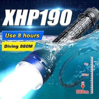Yeni 880 m XHP190 Profesyonel Dalış El Feneri IPX8 Su Geçirmez dalış lambası LED el fenerleri Güçlü Tüplü Dalış Torch Fener