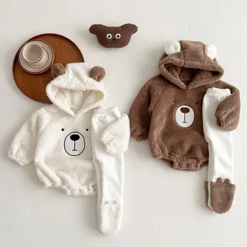 2023 Ins Sonbahar Kış Bebek Erkek 2 adet Giysi Set Polar Karikatür Ayı Kapşonlu Tulum Sıska Külot Takım Elbise Yürümeye Başlayan Çocuk Kıyafetler