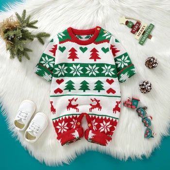 Erkek bebek Kız noel kıyafeti Yenidoğan Uzun Kollu Kazak Tulum Noel Ağacı Baskı Örme Bodysuit Noel Giysileri