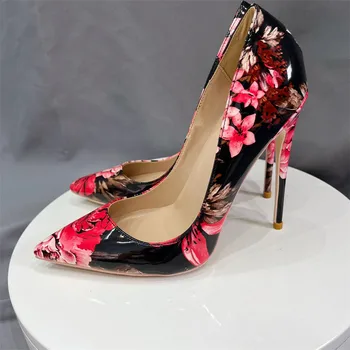 2022 Çiçek Baskı Kadınlar Parlak Patent Çiçek Stiletto Pompaları Sivri Yüksek Topuk Ayakkabı Şık Boyutu 34-45