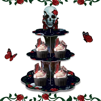 Gül Çiçek Kafatası Kek Standı Ekran Cadılar Bayramı Partisi 3 Katmanlı İskelet Cupcake Raf Tutucu Doğum Günü Partisi Kek Tepsisi masa süsü