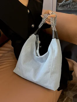 Büyük Kapasiteli Denim Çanta Kadınlar İçin 2023 Yeni Moda Zinciri Bir omuzdan askili çanta Tüm Uyumlu Seyahat Kova Çanta Tasarımcısı askılı çanta