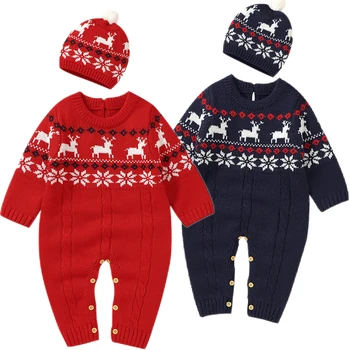 Bebek Kız Romper Yenidoğan Bebek Erkek Kız Geyik Örgü Romper + Şapka Kış Sıcak Tulum Tulum Kıyafetler Noel Giyim 2 ADET