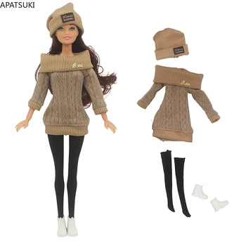 Kahverengi Manuel Örme Kazak Üstleri Elbiseler Çorap Ayakkabı Şapka Elbise barbie bebek Kıyafetler Hediyeler Kızlar İçin Çocuk Oyuncakları