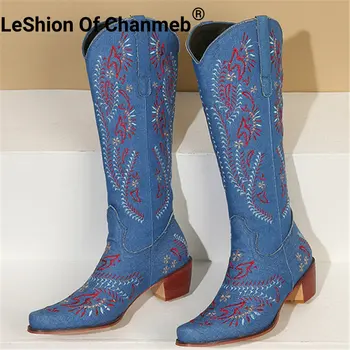 LeShıon Of Chanmeb Mavi Denim Kot Nakış Batı Çizmeler Kadın Slip-on Kovboy Cowgirl Diz yüksek Çizmeler Sonbahar Kış Ayakkabı 43